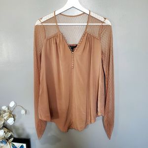 BCBGMaxAzria Silk Top Womens Size Small Brown Nubuck Button Detail Lace Sleeves